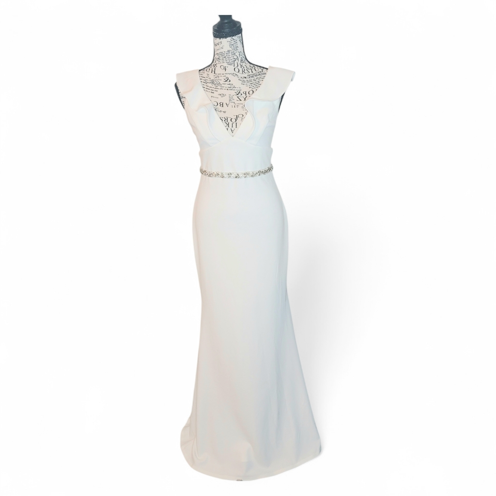 Lulus Perfect Opportunity White Ruffle Trumpet Maxi Dress W/ Embellished Wais.S